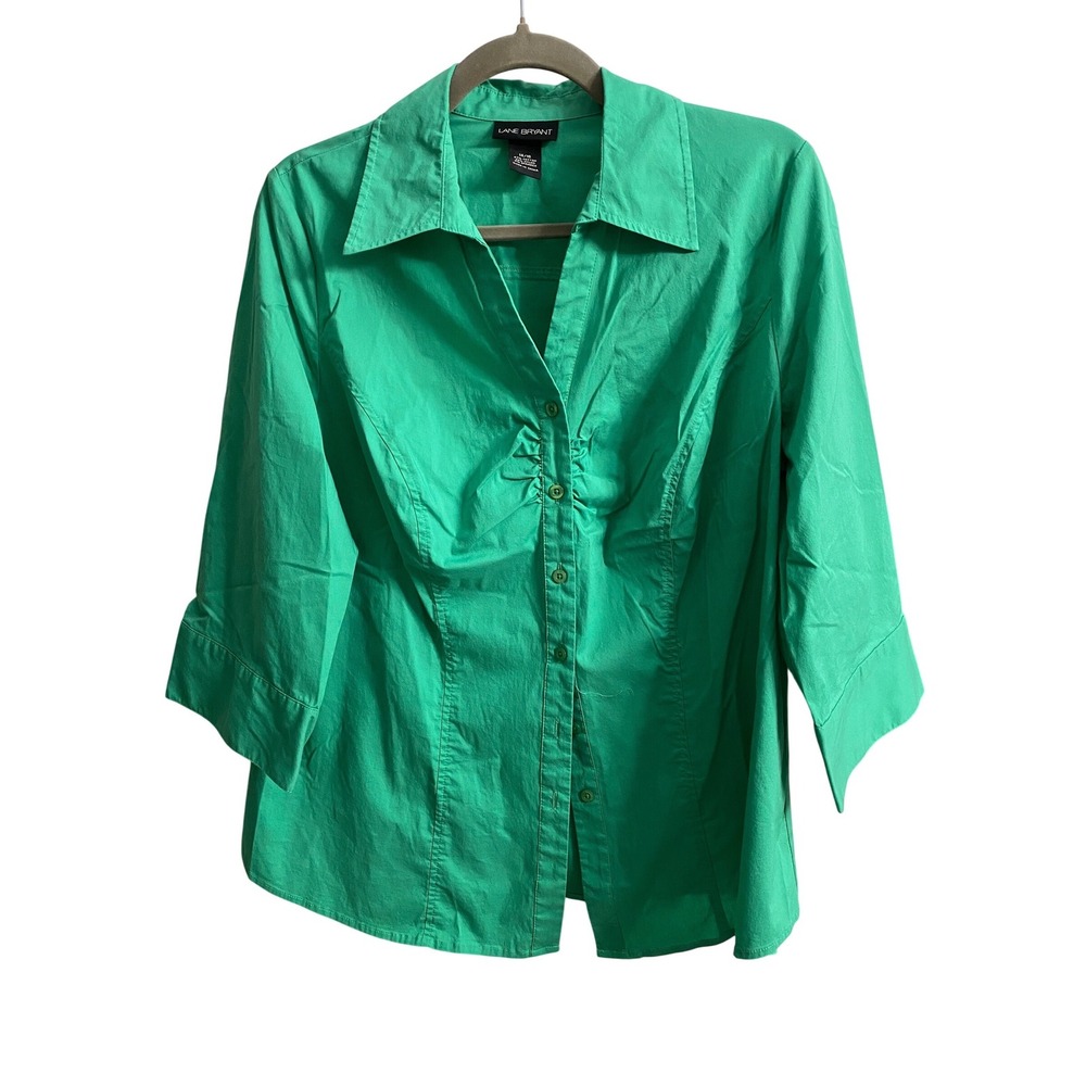 Lane Bryant Womens Kelly Green‎ Ruched 3/4 Sleeve Button Front Blouse Size 14/16